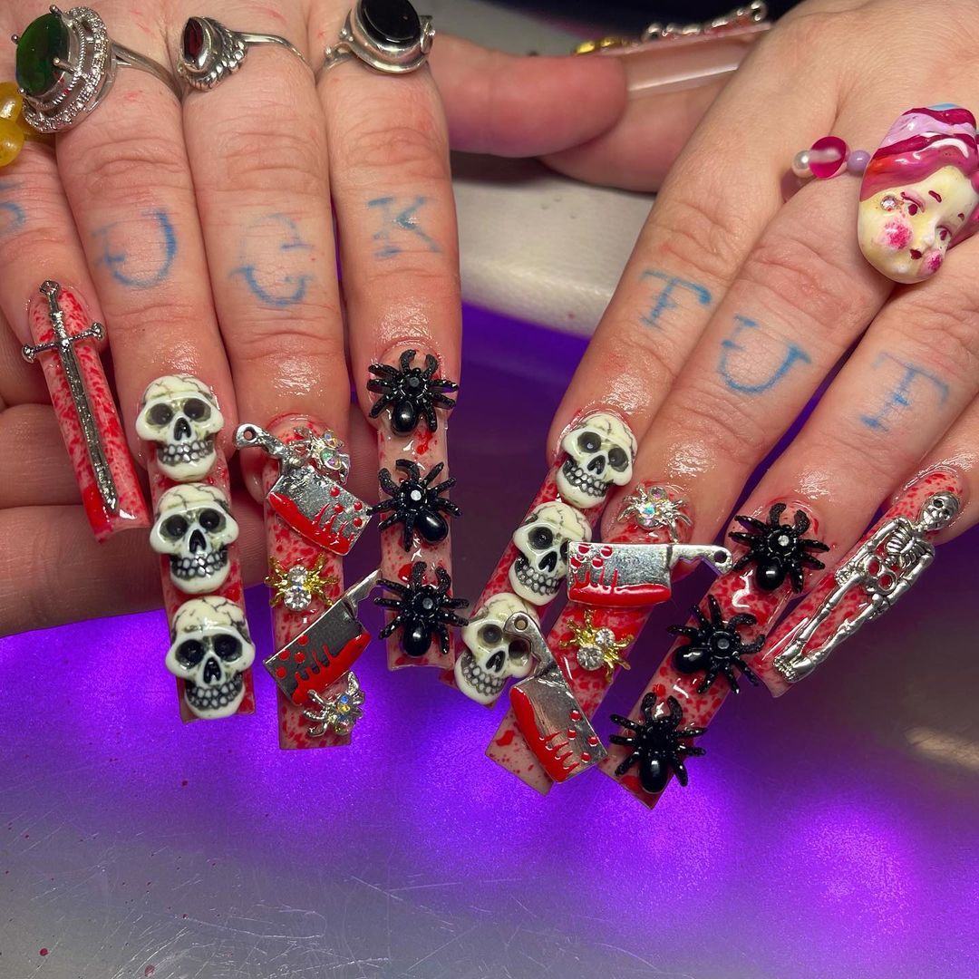 this style of Horrible Bloody Long Coffin Nails.its the perfect nail design to express your unique personality