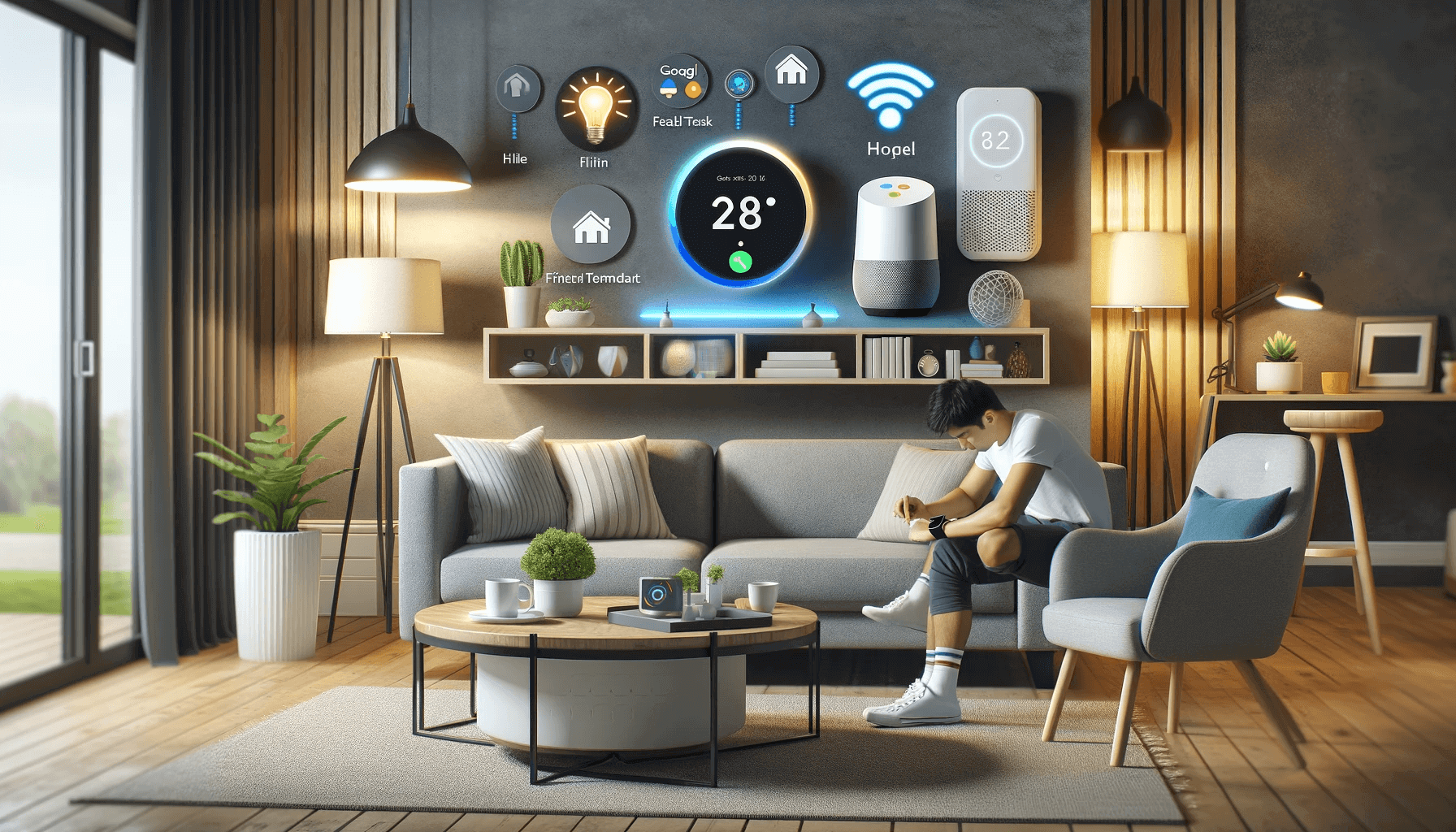 Smart home with automated lights, temperature control, a virtual assistant, and wearable health devices."