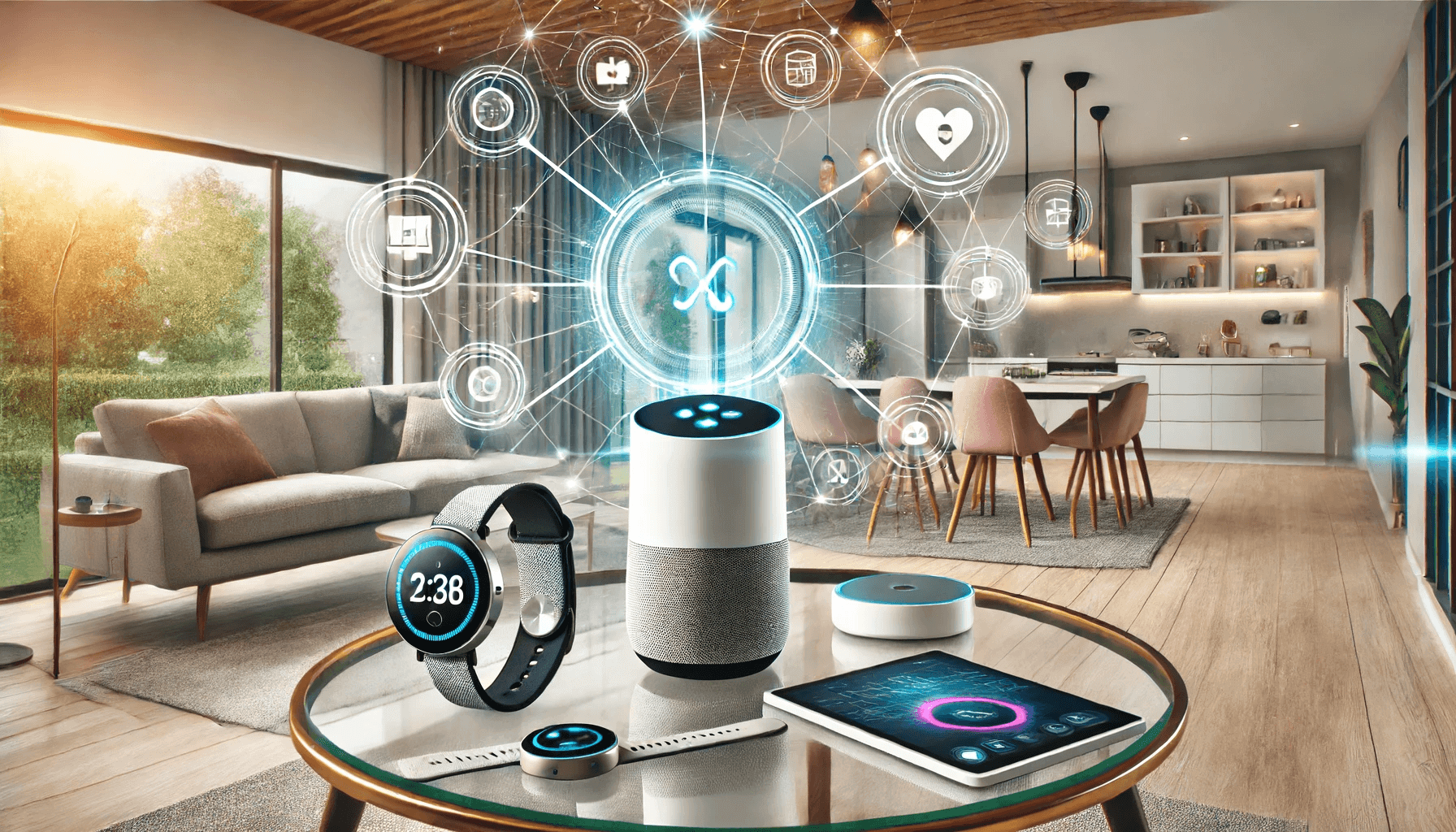 Modern living room with smart home devices including an automated lighting system, smart thermostat, virtual assistant, and wearable fitness devices.