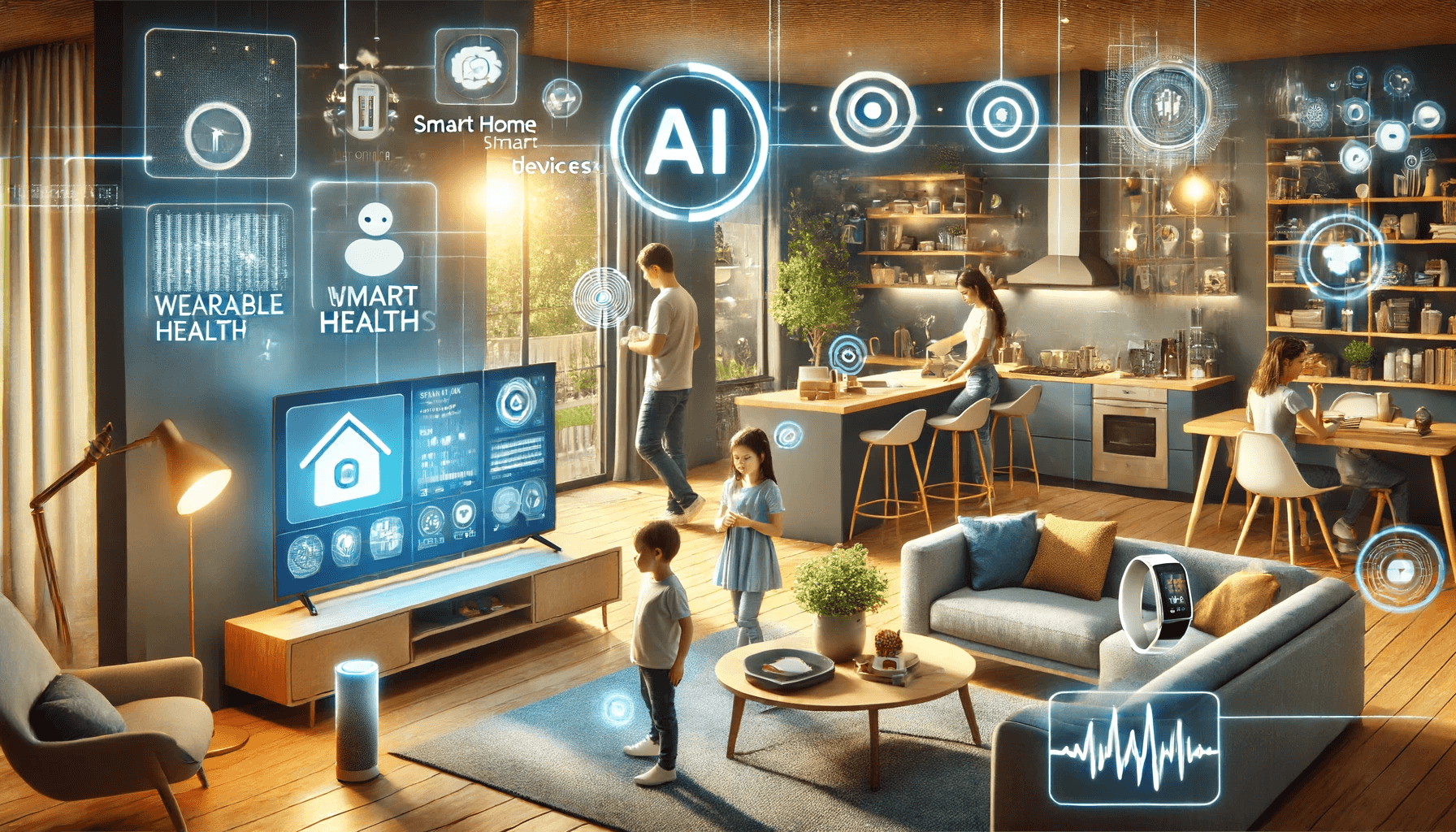 A futuristic scene showing a harmonious blend of AI technology in everyday life, with a family enjoying their smart home devices, a smart assistant providing information, and wearable health devices monitoring health. The scene is cozy, with warm lighting and a touch of greenery, depicting a comfortable and technologically advanced lifestyle.